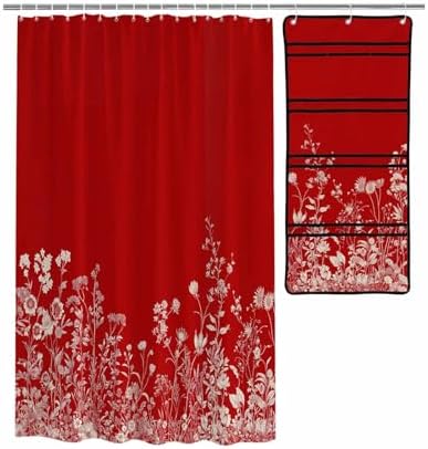 Red Leaf Flower Pattern Shower Curtain with 10 Pockets and Hooks