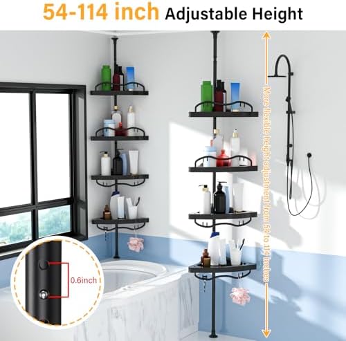Black Corner Shower Caddy Tension Pole - Heavy Duty Rustproof Stainless Steel Organizer with 4 Adjustable Shelves