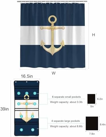 Gold Sea Anchor Blue and White Waterproof Shower Curtain with Mesh Organizer and 15 Hooks