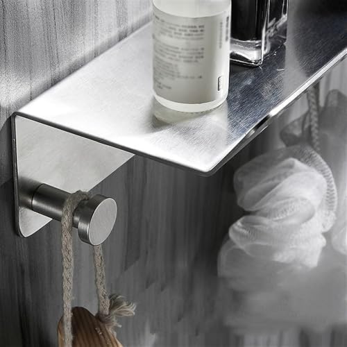 Brushed Stainless Steel Bathroom Rack with 4 Hooks and Hair Dryer Holder