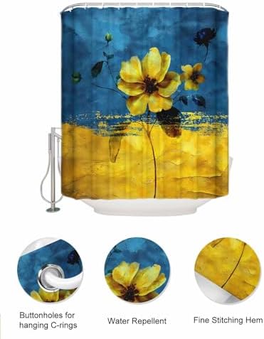 Floral Blue Yellow Shower Curtain with 10 Pockets Organizer Set