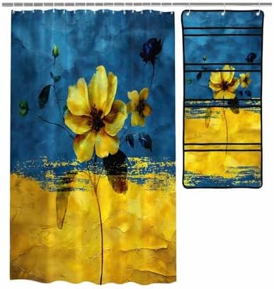 Floral Blue Yellow Shower Curtain with 10 Pockets Organizer Set