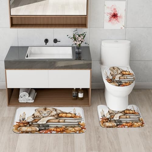 4PCS Fall Lion Pumpkins Shower Curtain Set with Non-Slip Rug and Toilet Mat