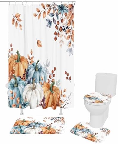 Fall Thanksgiving 4 Pcs Waterproof Shower Curtain Set with Non-Slip Rugs