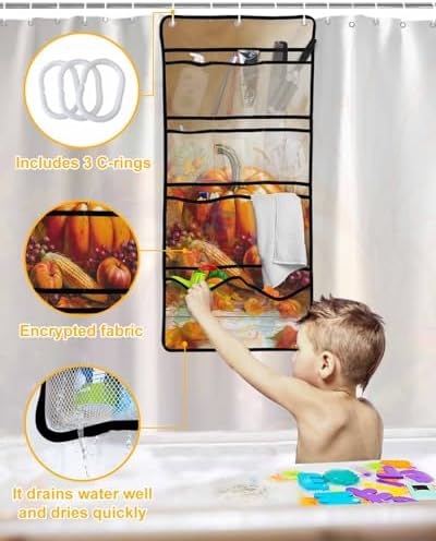 QueenKer Shower Curtain Set with Mesh Organizer Fall Harvest 66x72 Hanging Caddy