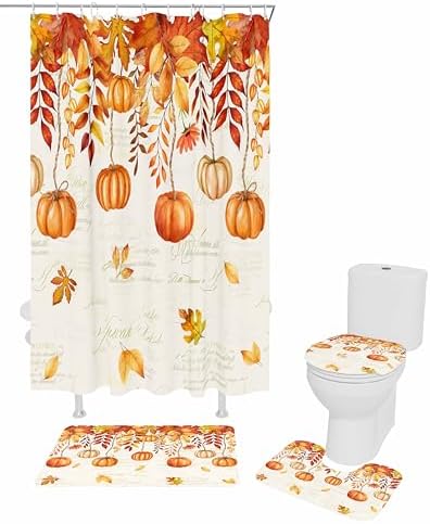 Thanksgiving Orange Pumpkin Shower Curtain Set with Non-Slip Rugs