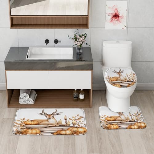 4PCS Fall Antelopes Pumpkins Shower Curtain Set with Hooks and Non-Slip Rug
