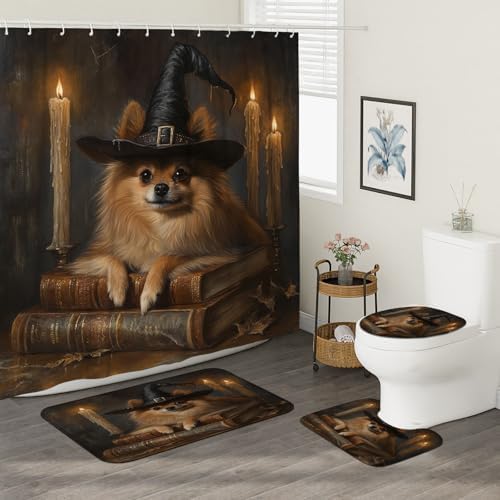 4PCS Halloween Witch Pomeranian Dog Bath Set with Non-Slip Rug
