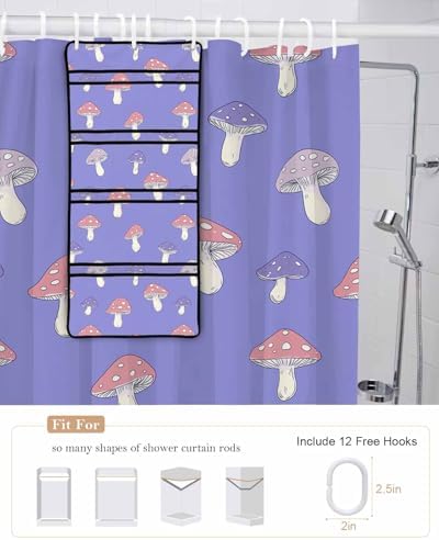 Pink Purple Dot Mushroom Waterproof Shower Curtain with Hooks and Organizer