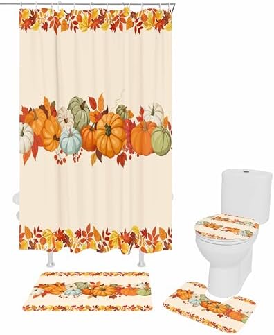 Thanksgiving Pumpkin 4 Pc Shower Curtain Set with Non-Slip Rugs