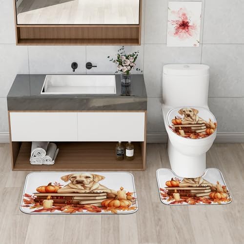 DESIHOM 4PCS Fall Dog Shower Curtain Set with Non-Slip Rug and Hooks