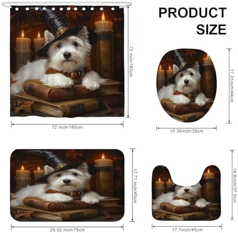 4PCS Halloween Witch Dog Bathroom Set with Non-Slip Rug and U Shape Toilet Lid Cover Mat