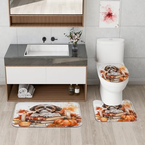 DESIHOM 4PCS Fall Shih Tzu Dog Shower Curtain Set with Non-Slip Rug