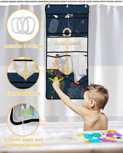 Gold Sea Anchor Blue and White Waterproof Shower Curtain with Mesh Organizer and 15 Hooks