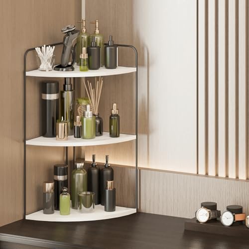 Bathroom Counter Organizer with Corner Shelves Black White Marble