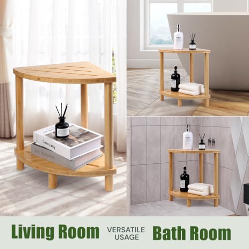 Bamboo Corner Shower Stool with Storage Shelf
