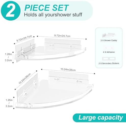 2-Pack Acrylic Corner Shower Caddy Set Clear RustProof No Drilling Wall Mount Organizer