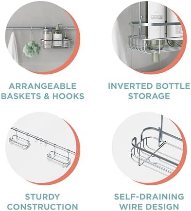 Zenna Home Adjustable Shower Caddy with 2 Baskets and 3 Hooks Silver