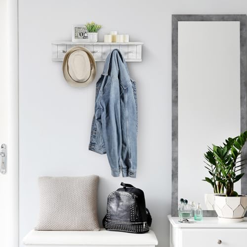 MyGift Wall Mounted 5 Hook Vintage White Wood Bathroom Shelf Towel Rack