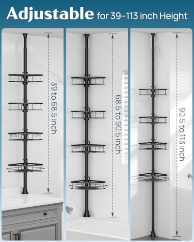 SEIRIONE Corner Shower Caddy Tension Pole 4-Tier Adjustable Rustproof Black