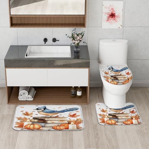 DESIHOM 4PCS Fall Blue Jay Bird Shower Curtain Set with Non-Slip Rug and Hooks