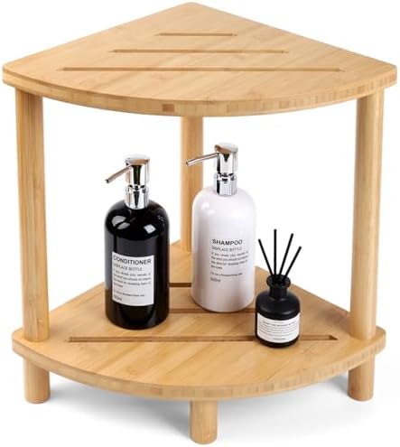 Bamboo Corner Shower Stool with Storage Shelf