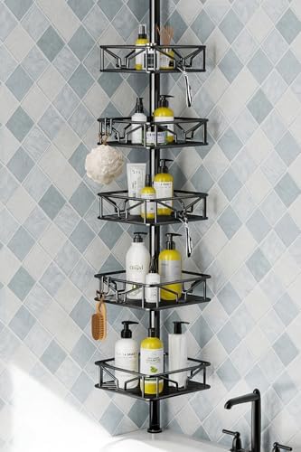 Skycarper 5 Tier Adjustable Corner Shower Caddy Organizer with Hooks Black