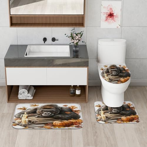 4PCS Fall Chimpanzee Pumpkins Shower Curtain Set with Non-Slip Rug and 12 Hooks