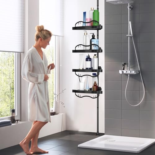 Black Corner Shower Caddy Tension Pole - Heavy Duty Rustproof Stainless Steel Organizer with 4 Adjustable Shelves