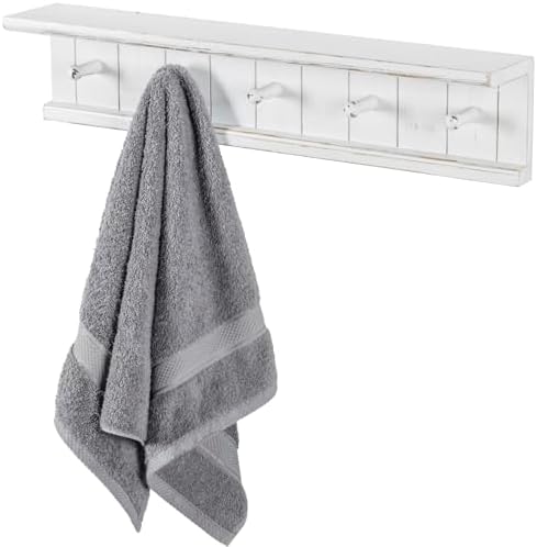 MyGift Wall Mounted 5 Hook Vintage White Wood Bathroom Shelf Towel Rack