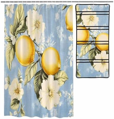 Watercolor Lemon Flower Leaf Shower Curtain Set with 10 Pockets