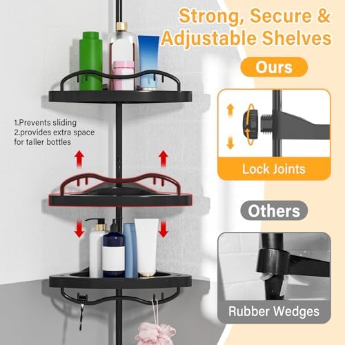 Black Corner Shower Caddy Tension Pole - Heavy Duty Rustproof Stainless Steel Organizer with 4 Adjustable Shelves