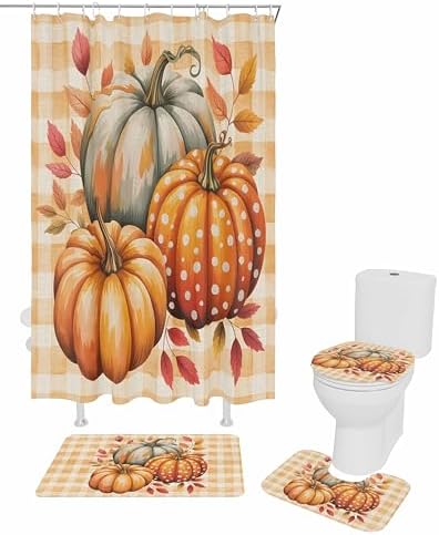 Orange Pumpkin Shower Curtain Set 4 Pcs with Non-Slip Rugs