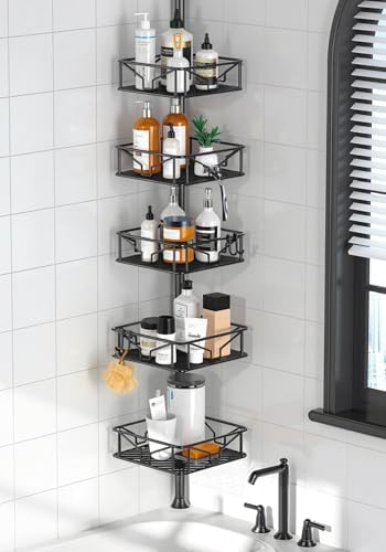 Skycarper 5 Tier Adjustable Corner Shower Caddy Organizer with Hooks Black