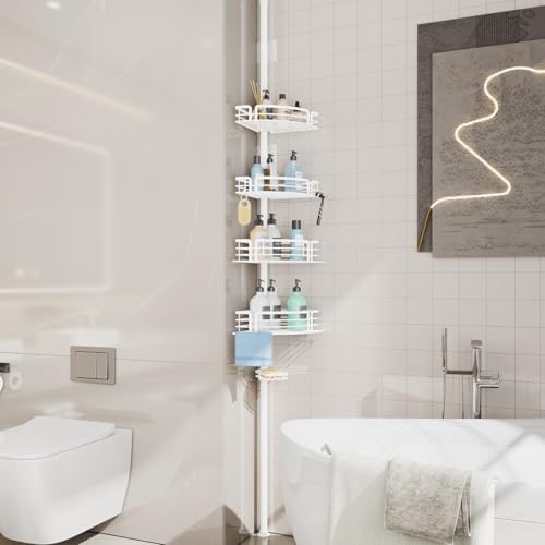 Consumest Corner Shower Caddy Tension Pole - Rustproof With Towel Bar And Soap Holder Adjustable White