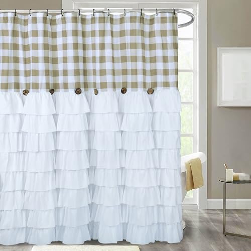 72 x 72in Farmhouse Ruffled Shower Curtain with Vintage Buttons