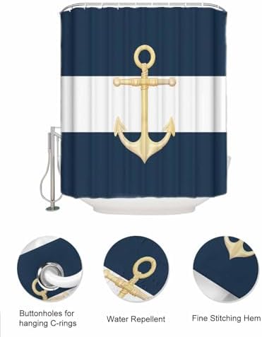 Gold Sea Anchor Blue and White Waterproof Shower Curtain with Mesh Organizer and 15 Hooks