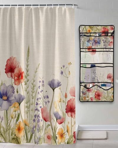 Vintage Floral Leaf Shower Curtain and Mesh Organizer Set