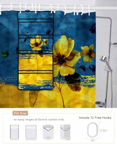 Floral Blue Yellow Shower Curtain with 10 Pockets Organizer Set