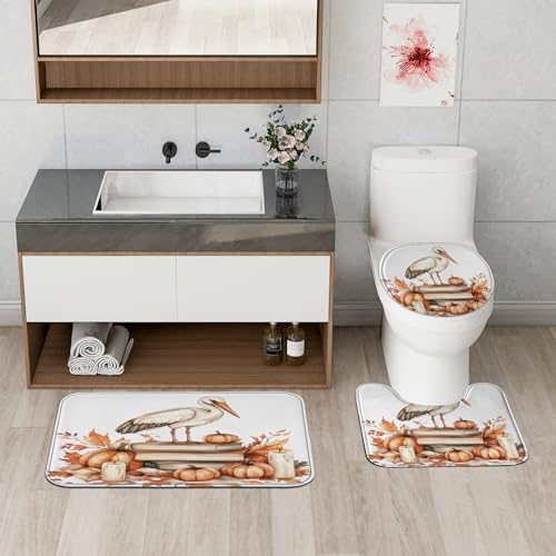 DESIHOM 4PCS Fall Stork Bird Shower Curtain Set with Non-Slip Rug and Toilet Lid Cover Mat