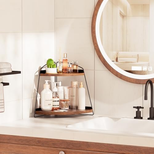 Puricon 2 Tier Corner Countertop Storage Shelf Organizer Brown Wood
