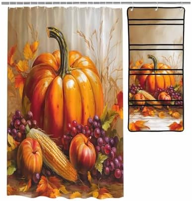 QueenKer Shower Curtain Set with Mesh Organizer Fall Harvest 66x72 Hanging Caddy