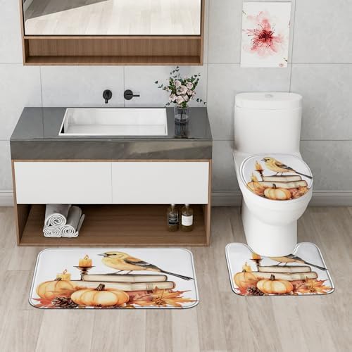 DESIHOM 4PCS Fall Goldfinch Bird Shower Curtain Set with Non-Slip Rug and Hooks