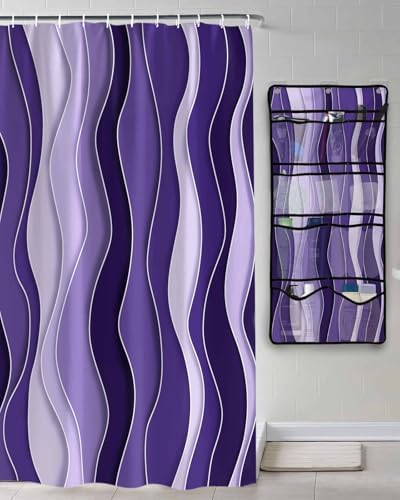 ZFUNCING Abstract Purple Gradient Ocean Waves Shower Curtain Set with Hooks and Organizer