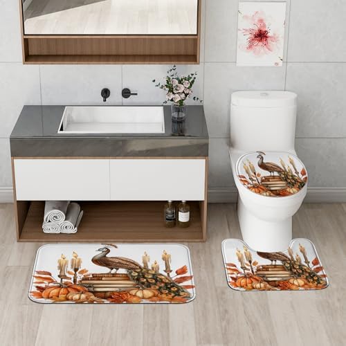 DESIHOM 4PCS Fall Peacock Shower Curtain Set with Hooks Non-Slip Rug and Toilet Lid Cover Mat