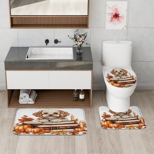 DESIHOM 4PCS Fall Cavachon Shower Curtain Set 72x72 with Hooks and Bath Mat