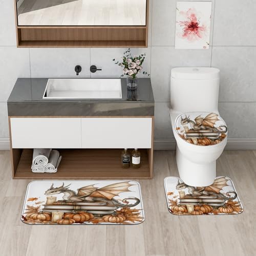 4PCS Fall Dragon Pumpkin Shower Curtain Set with Hooks Non-Slip Rug U Shape Cover and Toilet Lid Mat