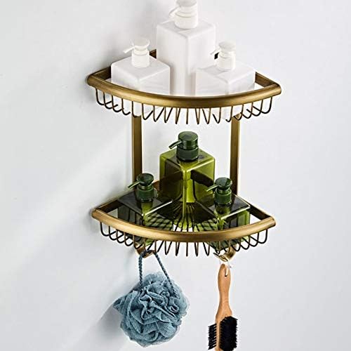 Brass Shower Caddy Basket with Hooks and Storage Shelves