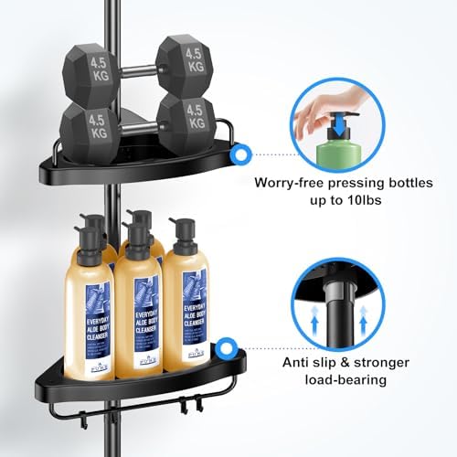 HAMITOR Corner Shower Caddy Tension Pole with 4 Tier Shelves Black