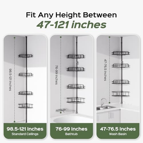 HAMITOR 4-Tier Shower Caddy Tension Pole - Rustproof Black Bathroom Shelf Organizer